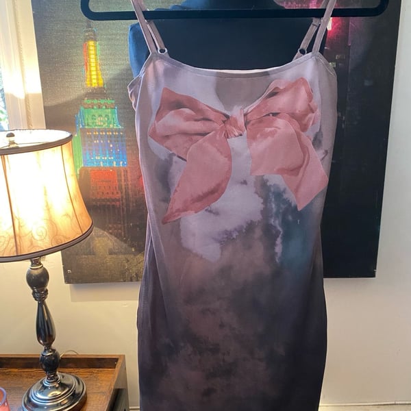 DAZY Mesh Cami Dress Brown Pink Bow Tie-Dye