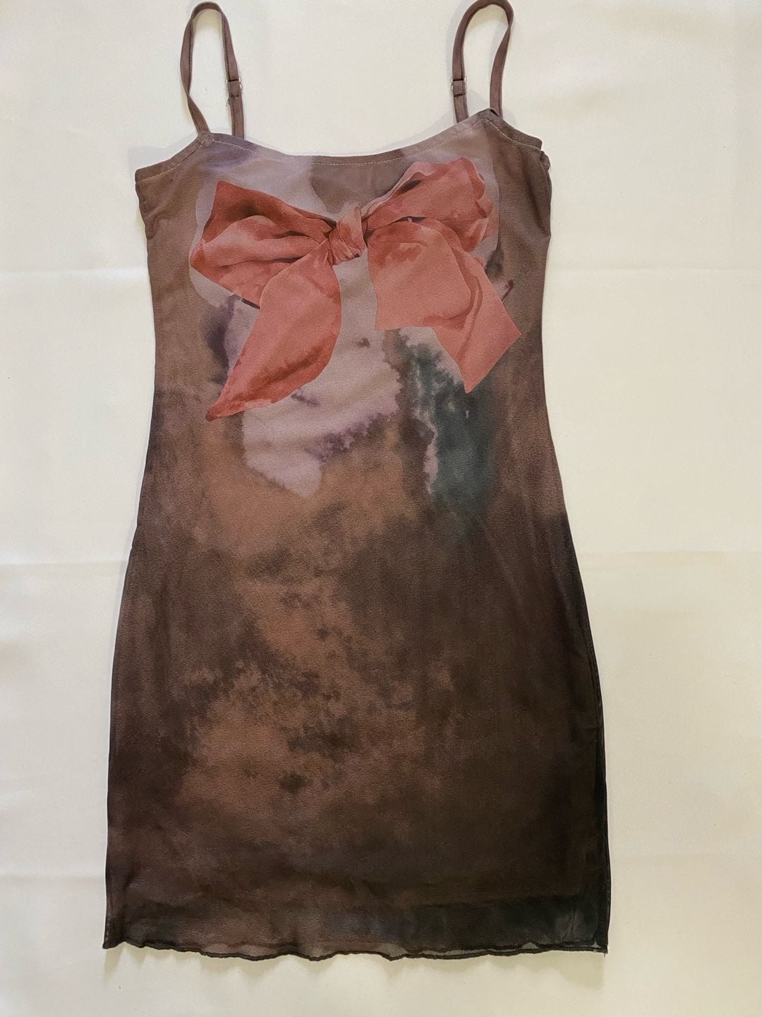 DAZY Mesh Cami Dress Brown Pink Bow Tie-Dye 4