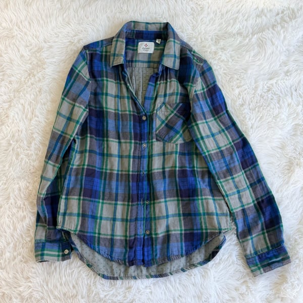 Dylan Plaid Button Down Shirt Size XS Blue Green Cotton