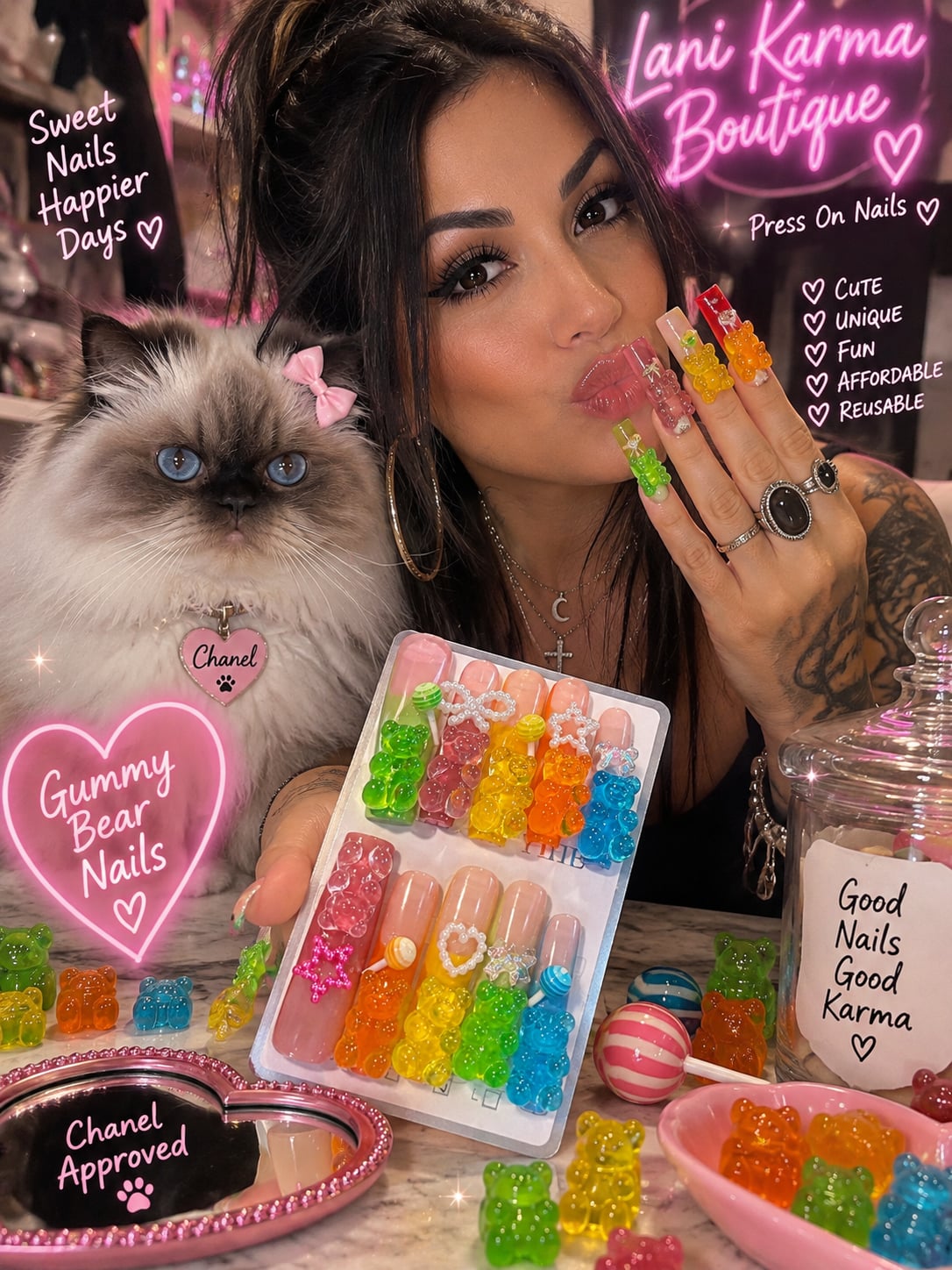 Gummy Bear Press On Nails Sz.M/Medium w/Colorful 3D Charms 4.0/lonnng 1