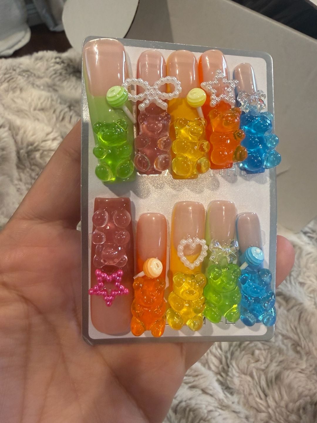 Gummy Bear Press On Nails Sz.M/Medium w/Colorful 3D Charms 4.0/lonnng 2