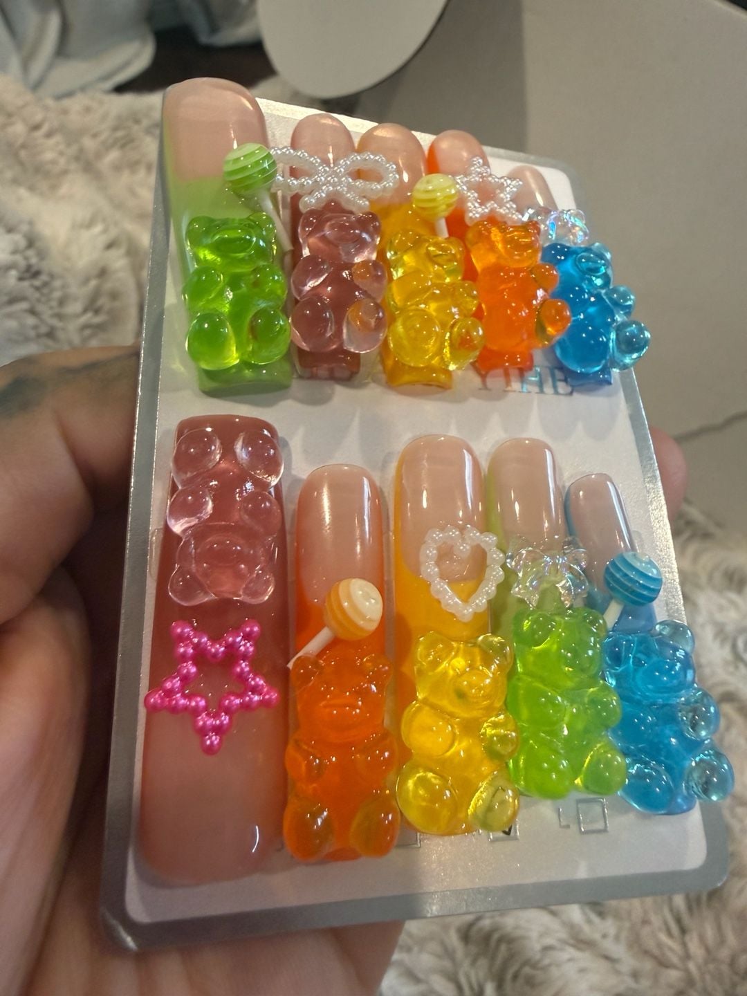 Gummy Bear Press On Nails Sz.M/Medium w/Colorful 3D Charms 4.0/lonnng 3