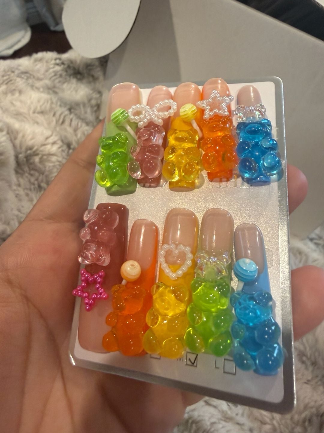 Gummy Bear Press On Nails Sz.M/Medium w/Colorful 3D Charms 4.0/lonnng 4