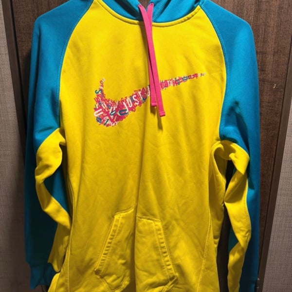 Nike Therma-Fit Hoodie Size L Yellow Blue Pink Athletic Pullover