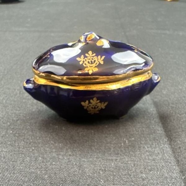 Limoges France Cobalt Blue Gold Trim Mini Tureen Trinket Box