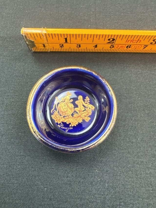 Limoges Castel Miniature Cobalt Blue Gold Bowl Saucer Set 4