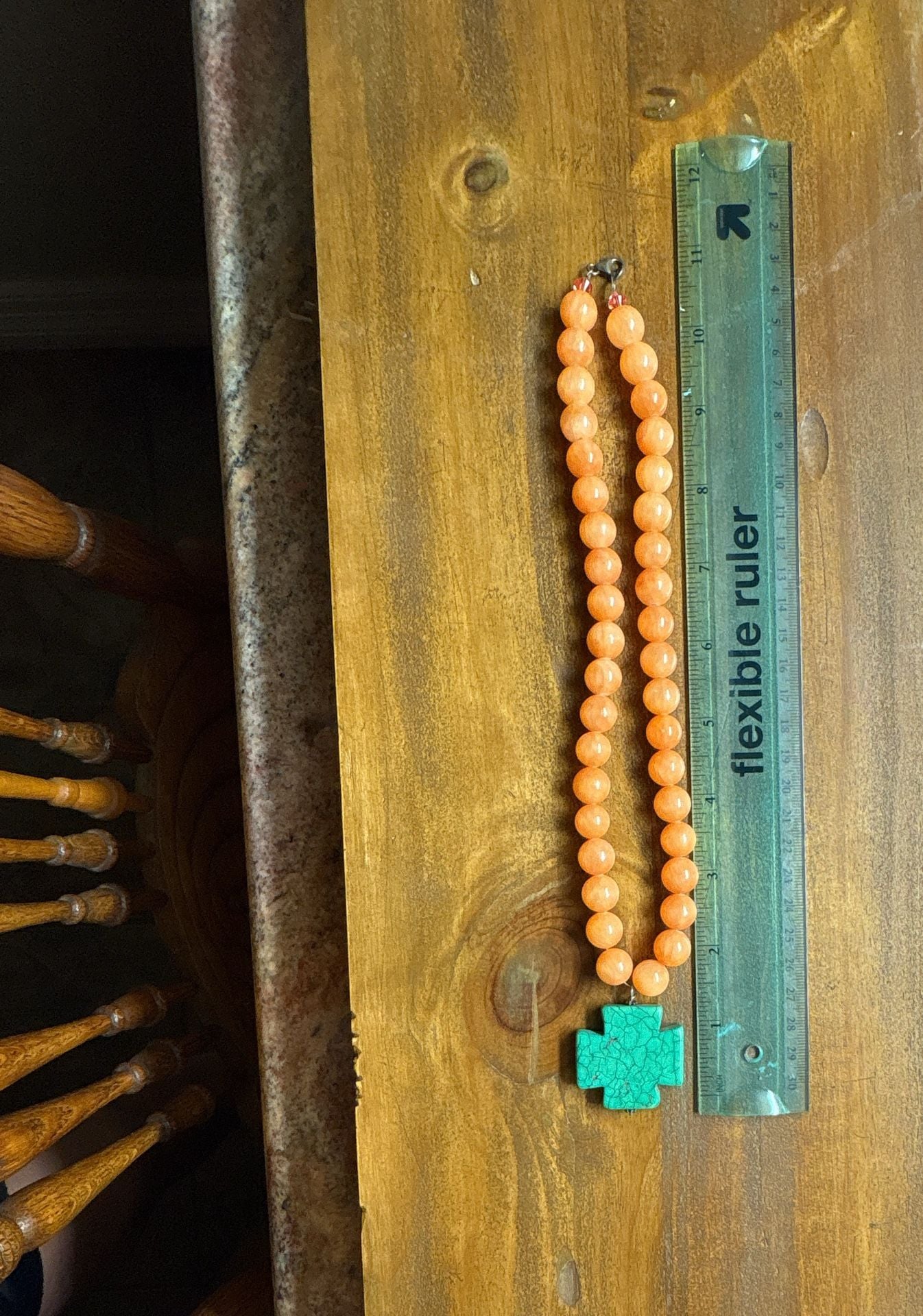 Handmade Peach Beaded Necklace with Turquoise Cross Pendant 4