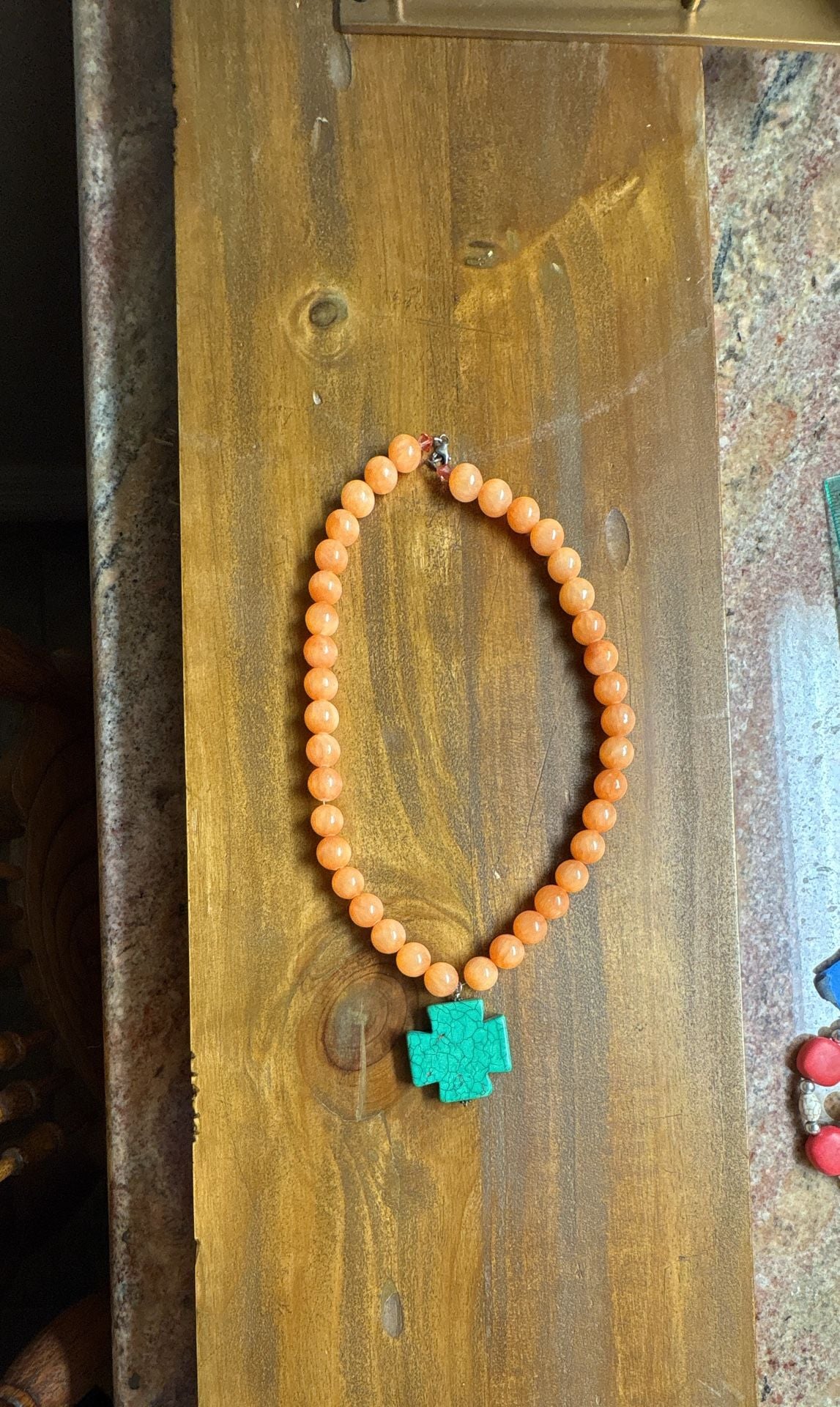 Handmade Peach Beaded Necklace with Turquoise Cross Pendant 2