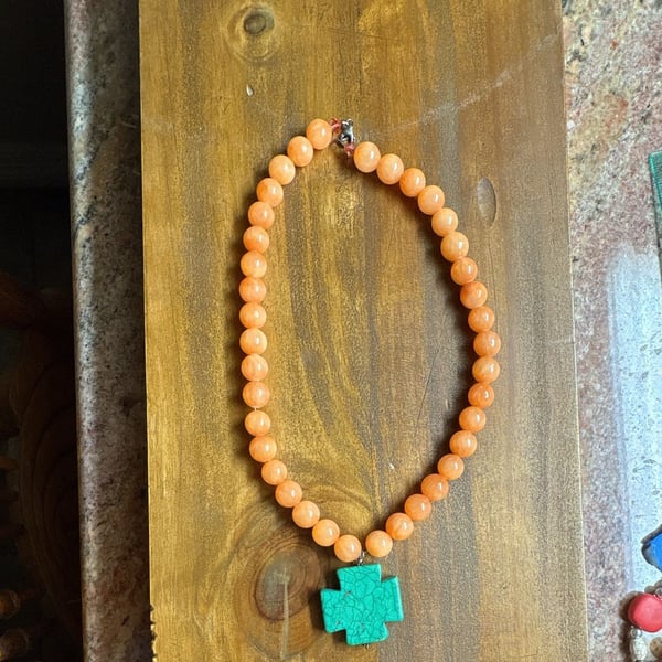 Handmade Peach Beaded Necklace with Turquoise Cross Pendant