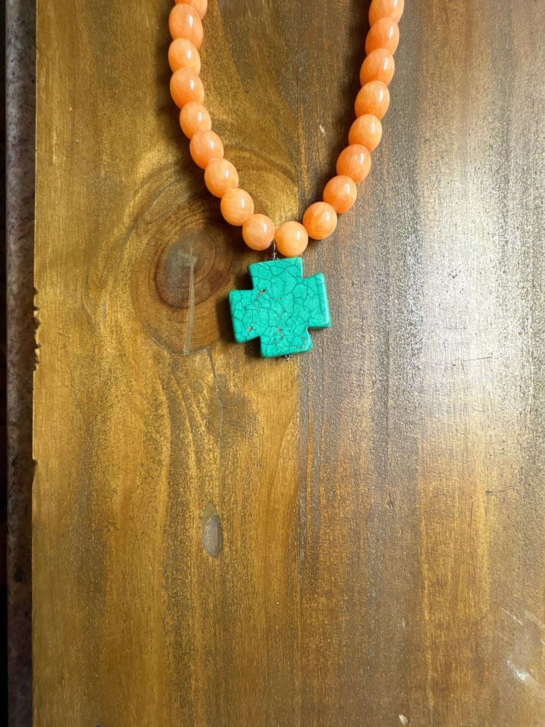 Handmade Peach Beaded Necklace with Turquoise Cross Pendant 3