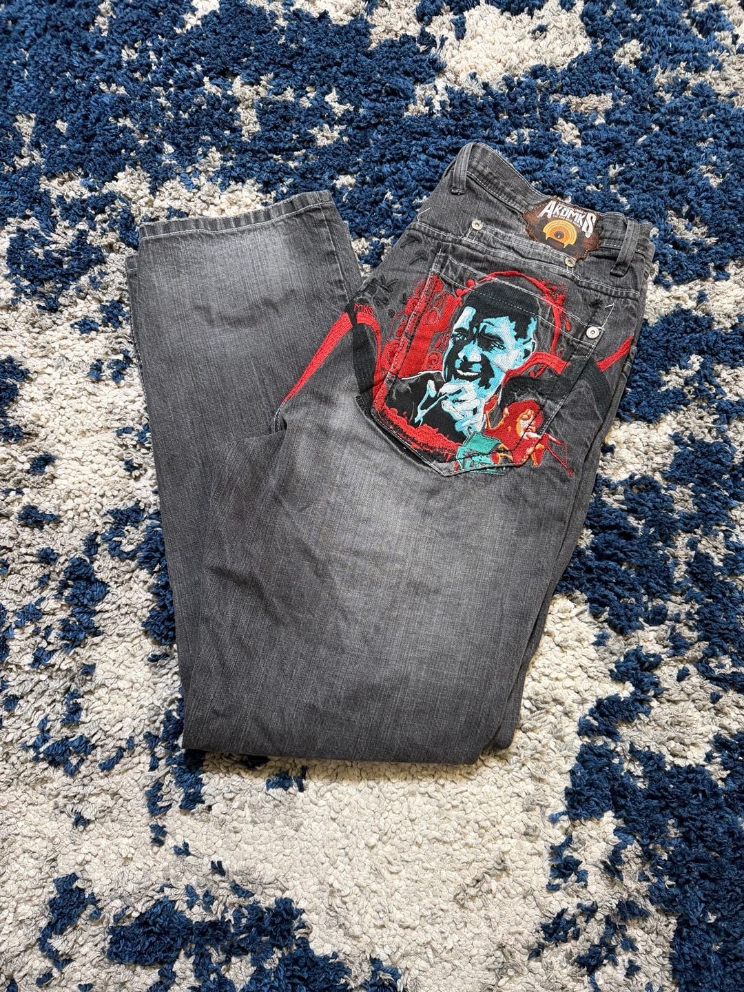 Akademiks Jeans Size 36 Gray Graphic Embroidered Baggy Denim 2