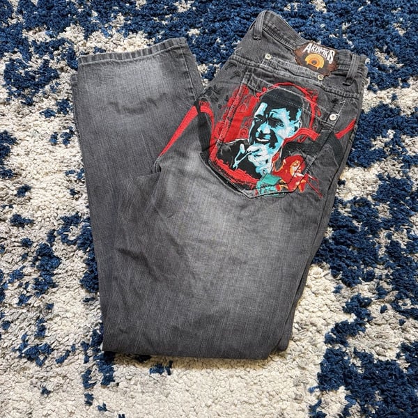 Akademiks Jeans Size 36 Gray Graphic Embroidered Baggy Denim