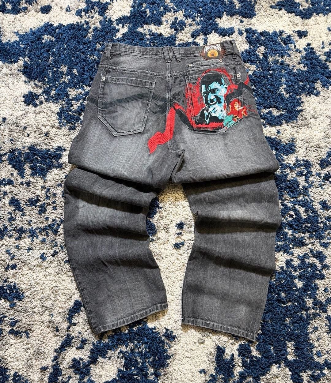 Akademiks Jeans Size 36 Gray Graphic Embroidered Baggy Denim 4