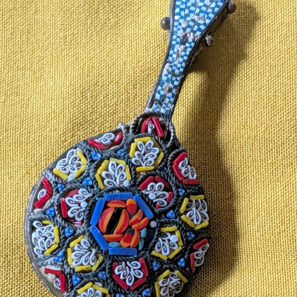 Vintage Micro Mosaic Mandolin Brooch Italy