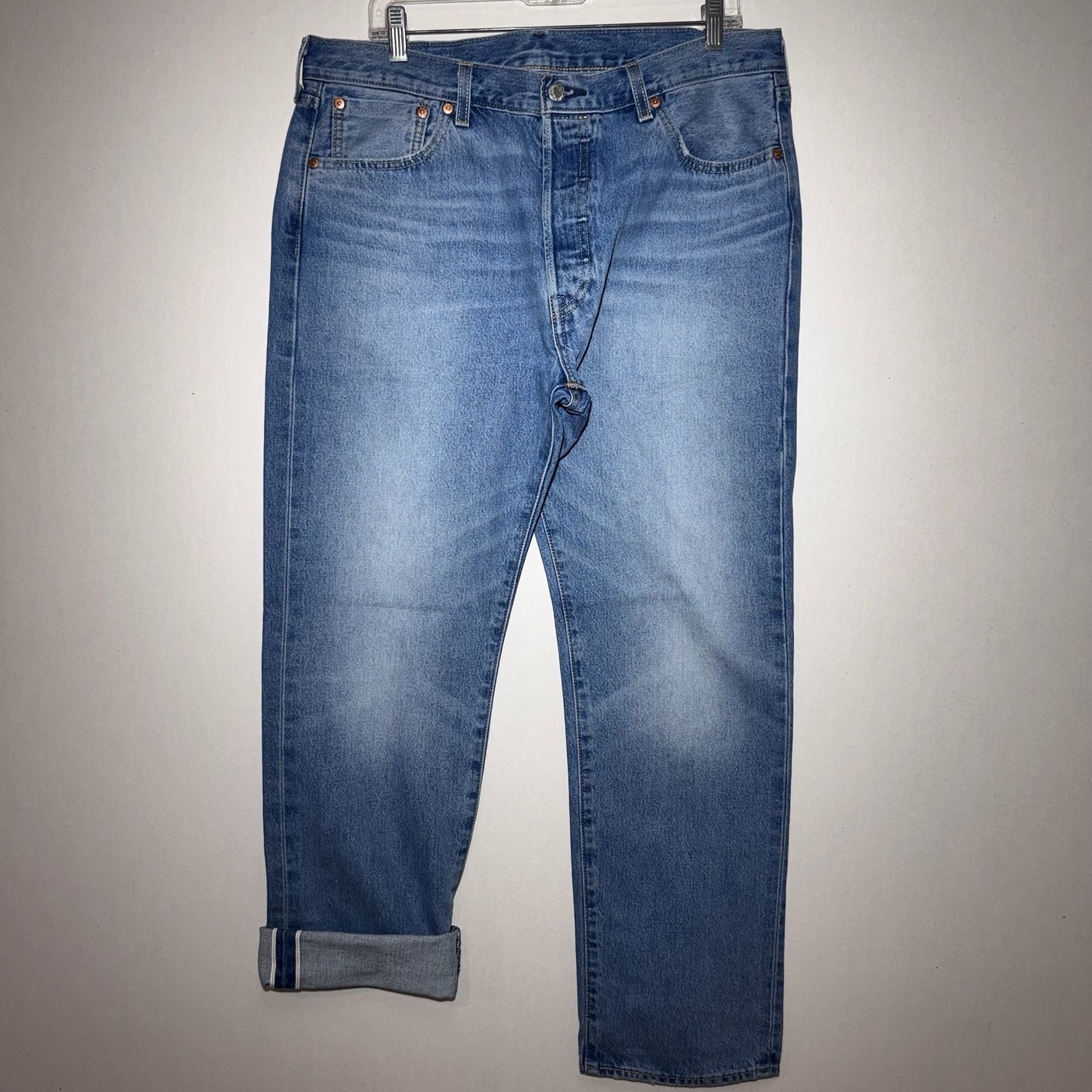 Modern Premium Big E Selvedge Levi's 501 ST Straight Leg Jeans 36x32 Blue Denim 3