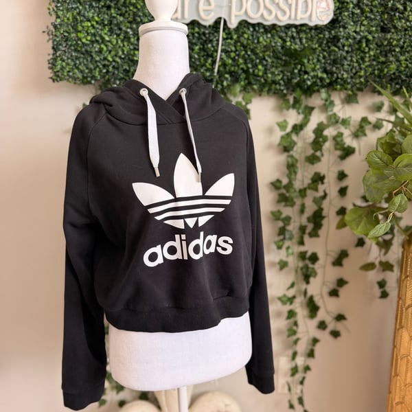 Adidas Cropped Hoodie Size M Black White Trefoil Logo