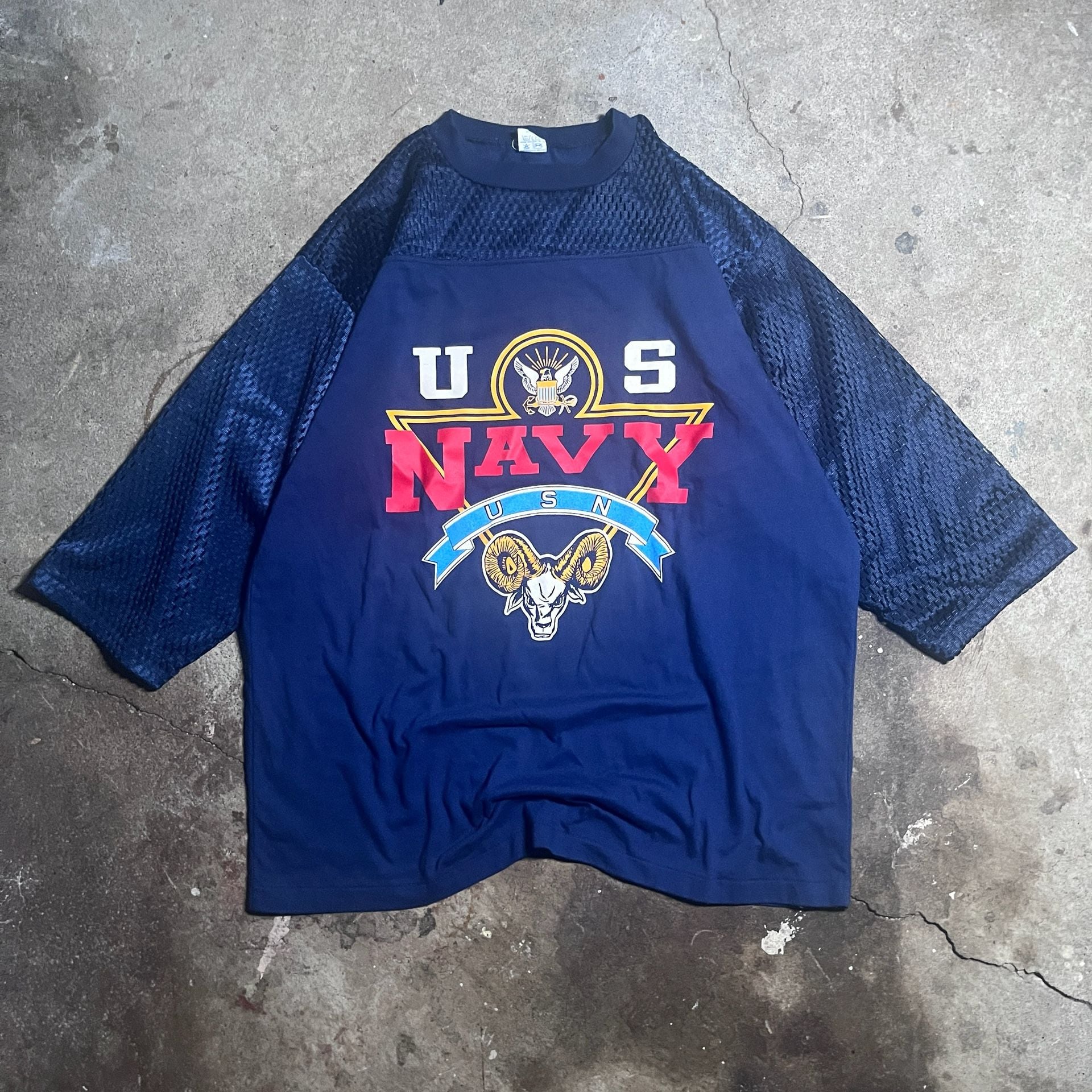 True vintage 80s Airtex US Navy Football Jersey Blue Mesh 3/4 Sleeve Graphic Tee 2