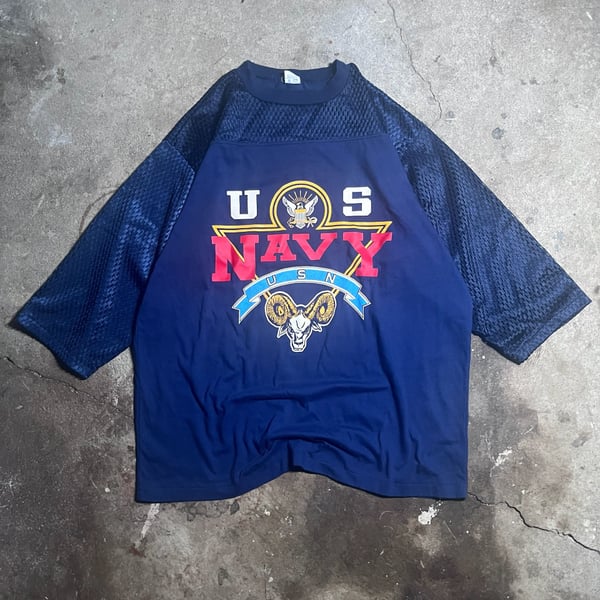 True vintage 80s Airtex US Navy Football Jersey Blue Mesh 3/4 Sleeve Graphic Tee