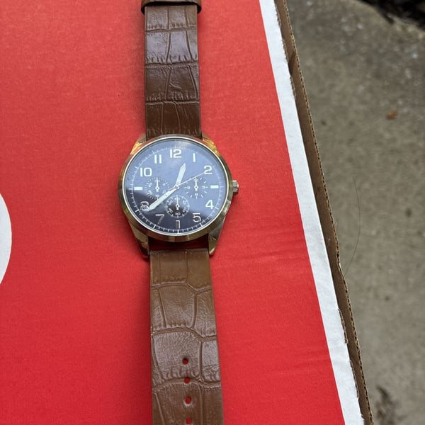 FMD Quartz Wristwatch Brown Imitation Leather Strap Blue Dial FMDKH389