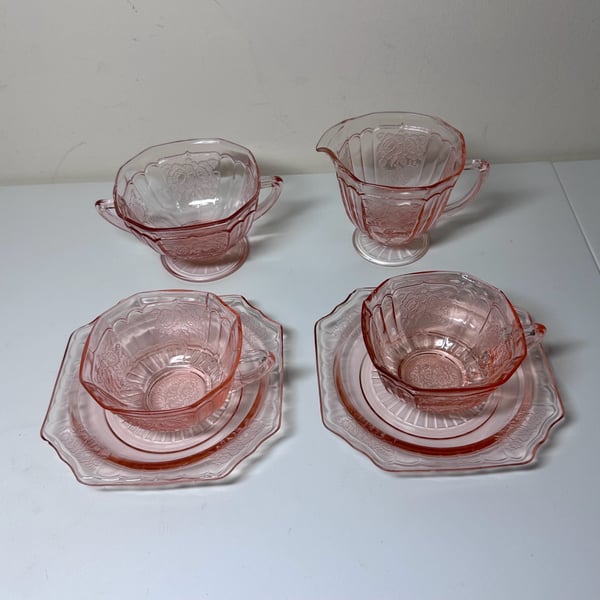Anchor Hocking Mayfair Pink Depression Glass Creamer Sugar Cup Saucer Set