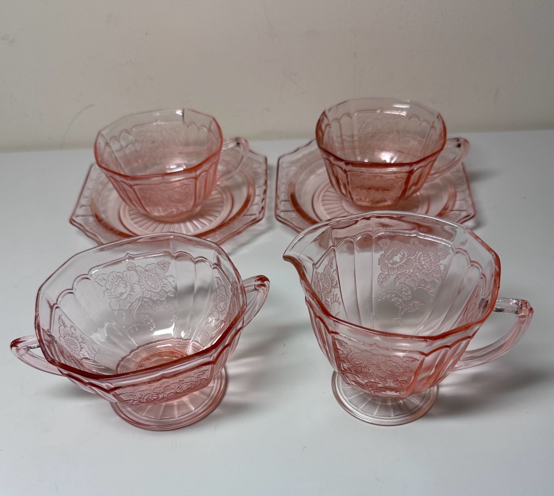 Anchor Hocking Mayfair Pink Depression Glass Creamer Sugar Cup Saucer Set 2