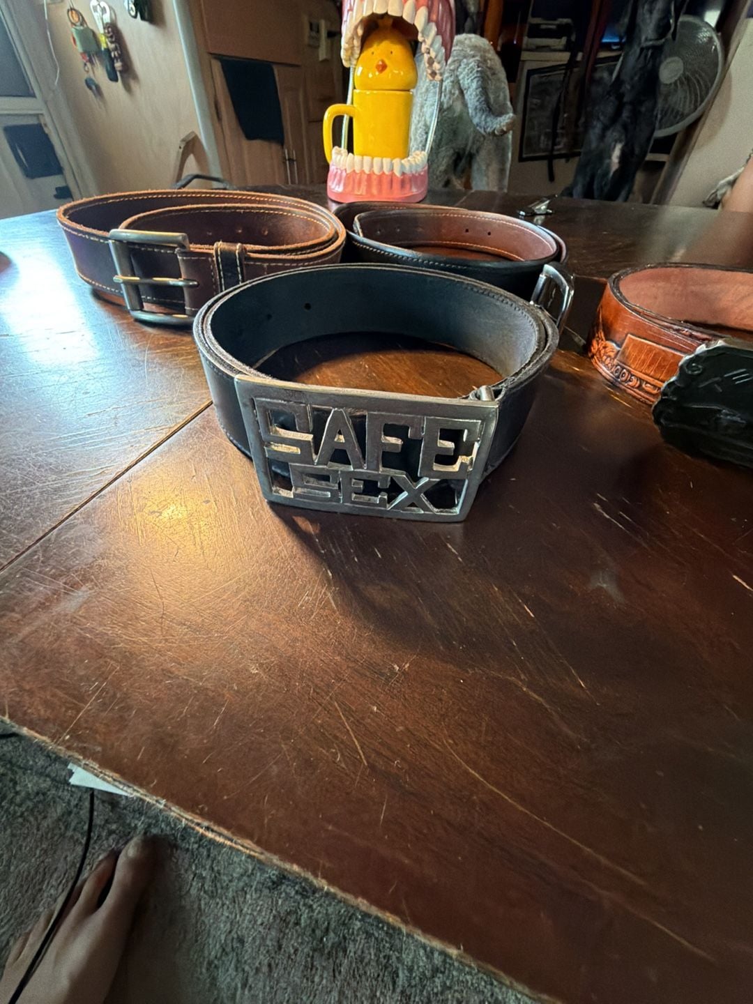 Vintage Safe Sex Leather Belt Size 34 Black Heavy Metal Buckle 1