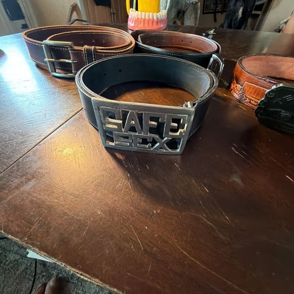 Vintage Safe Sex Leather Belt Size 34 Black Heavy Metal Buckle