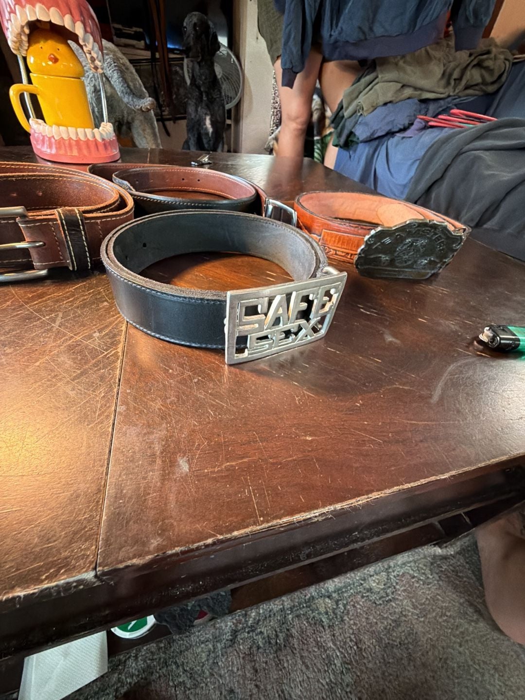 Vintage Safe Sex Leather Belt Size 34 Black Heavy Metal Buckle 2