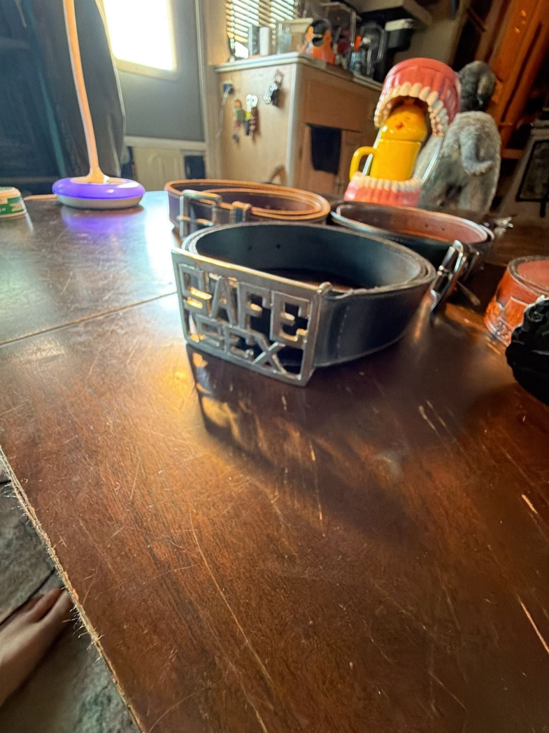 Vintage Safe Sex Leather Belt Size 34 Black Heavy Metal Buckle 3