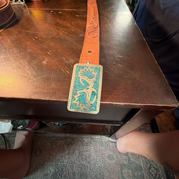 Western Tooled Leather Belt With Turquoise Inlaid Buckle