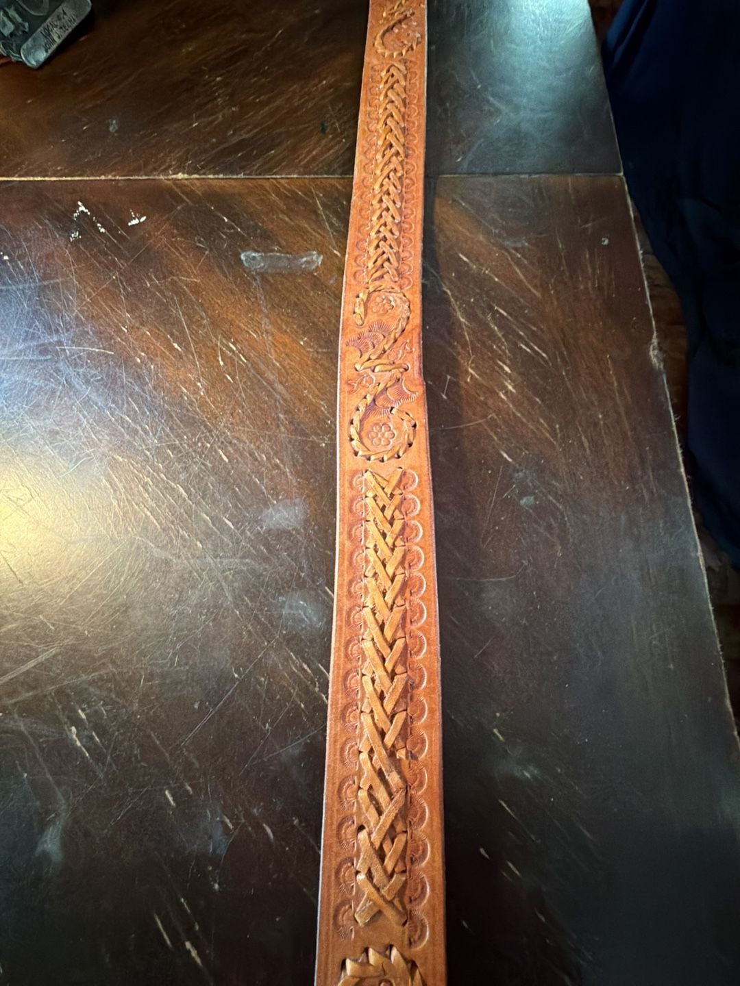 Western Tooled Leather Belt With Turquoise Inlaid Buckle 7