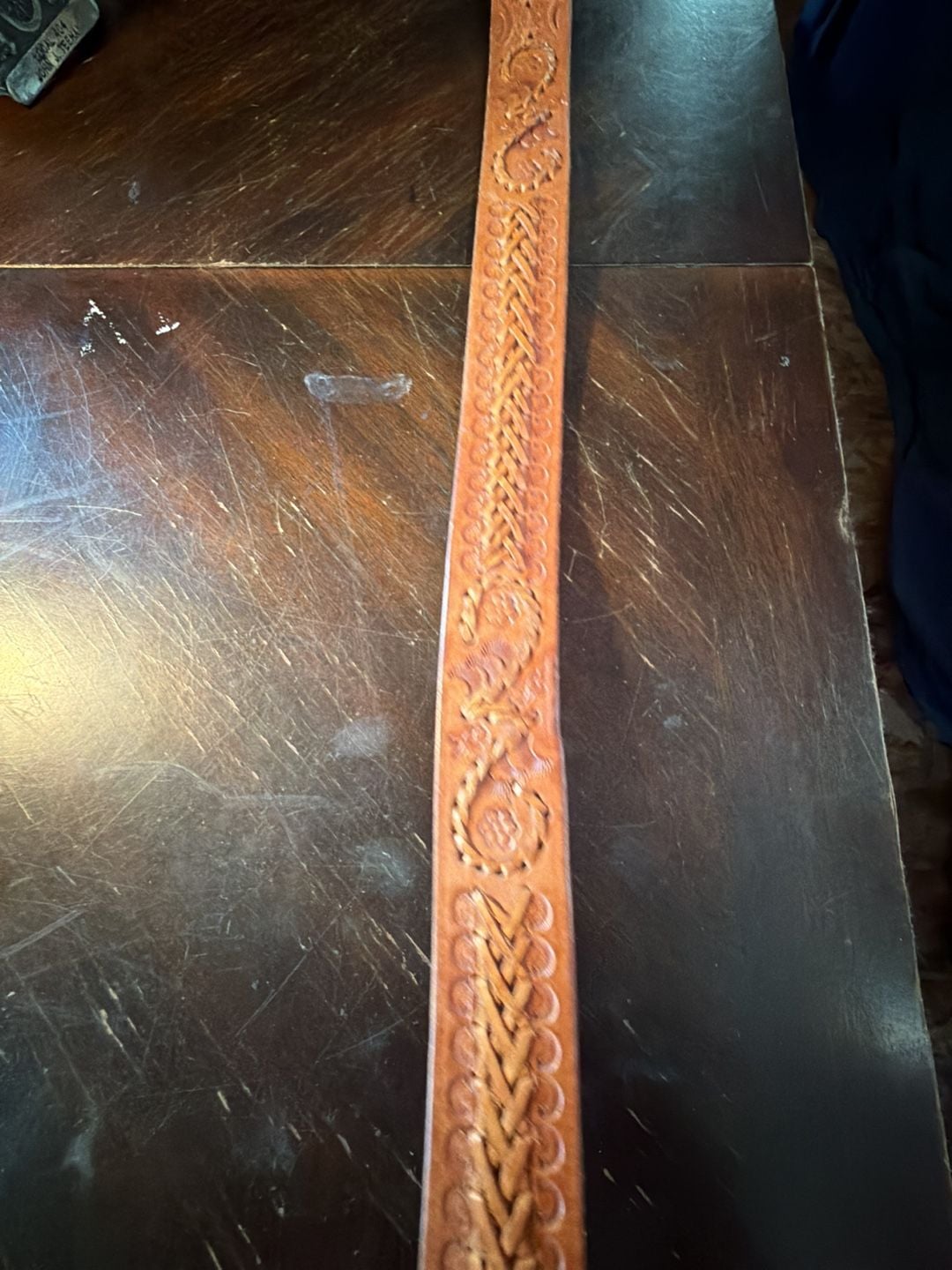 Western Tooled Leather Belt With Turquoise Inlaid Buckle 8