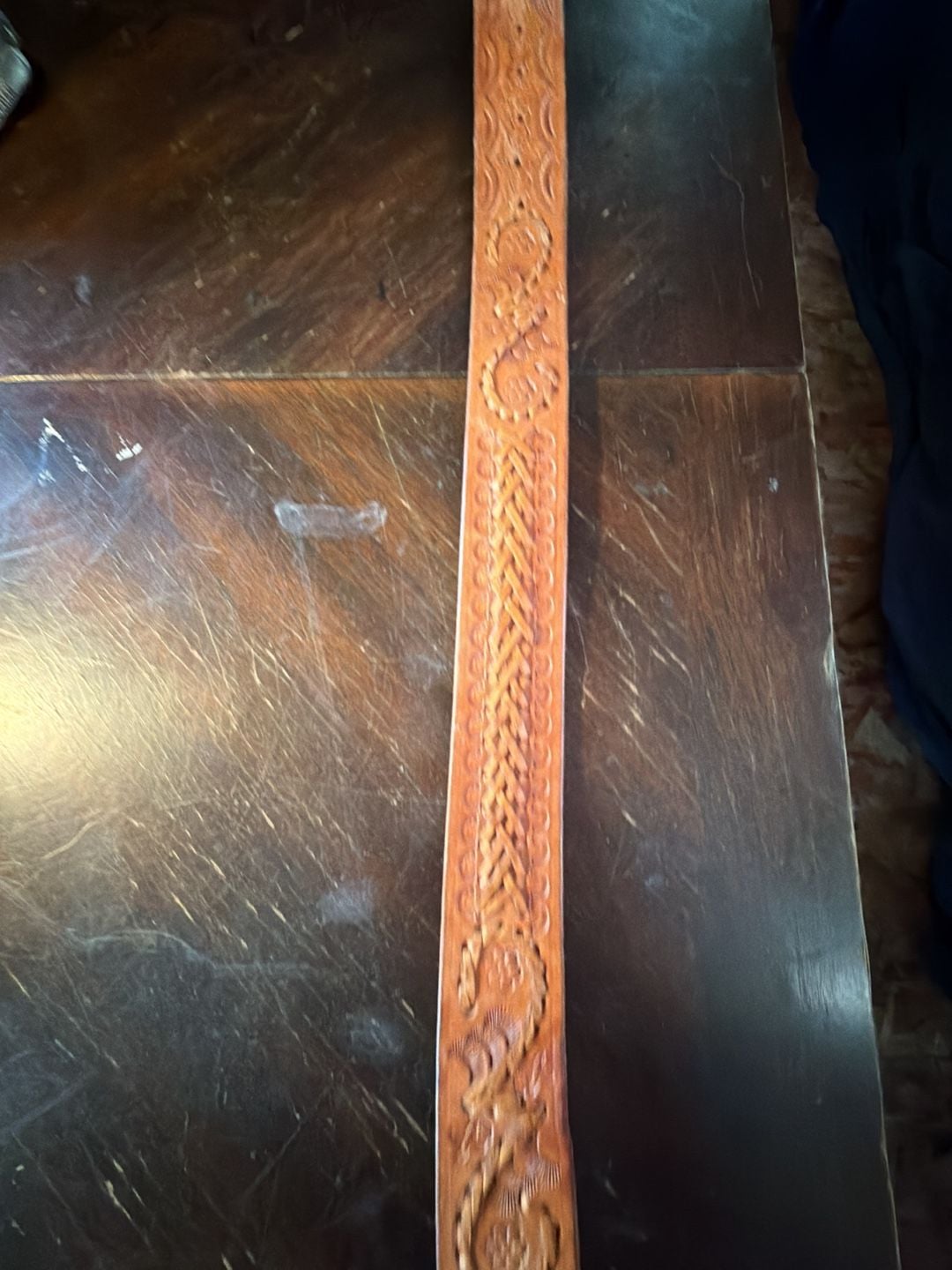 Western Tooled Leather Belt With Turquoise Inlaid Buckle 9