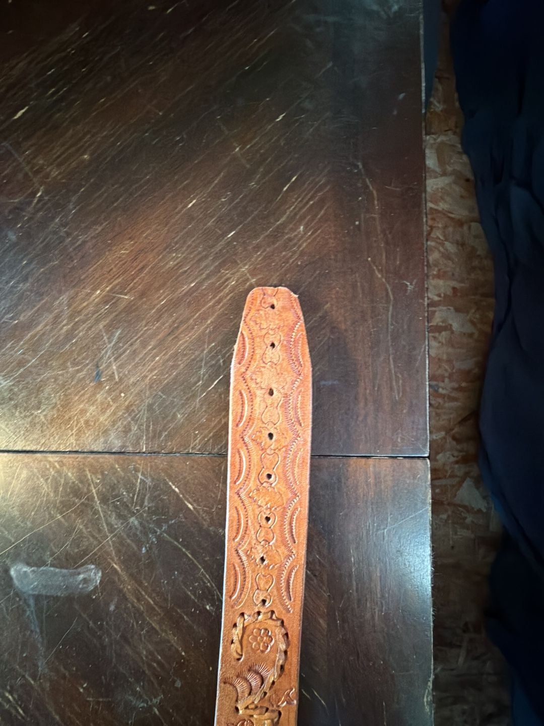 Western Tooled Leather Belt With Turquoise Inlaid Buckle 11