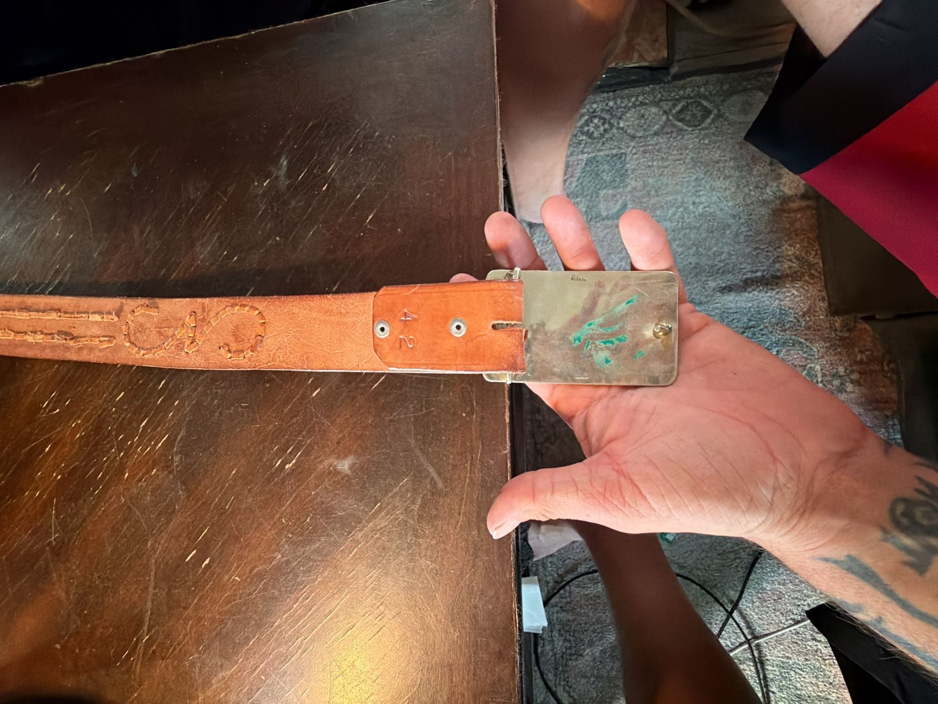 Western Tooled Leather Belt With Turquoise Inlaid Buckle 12