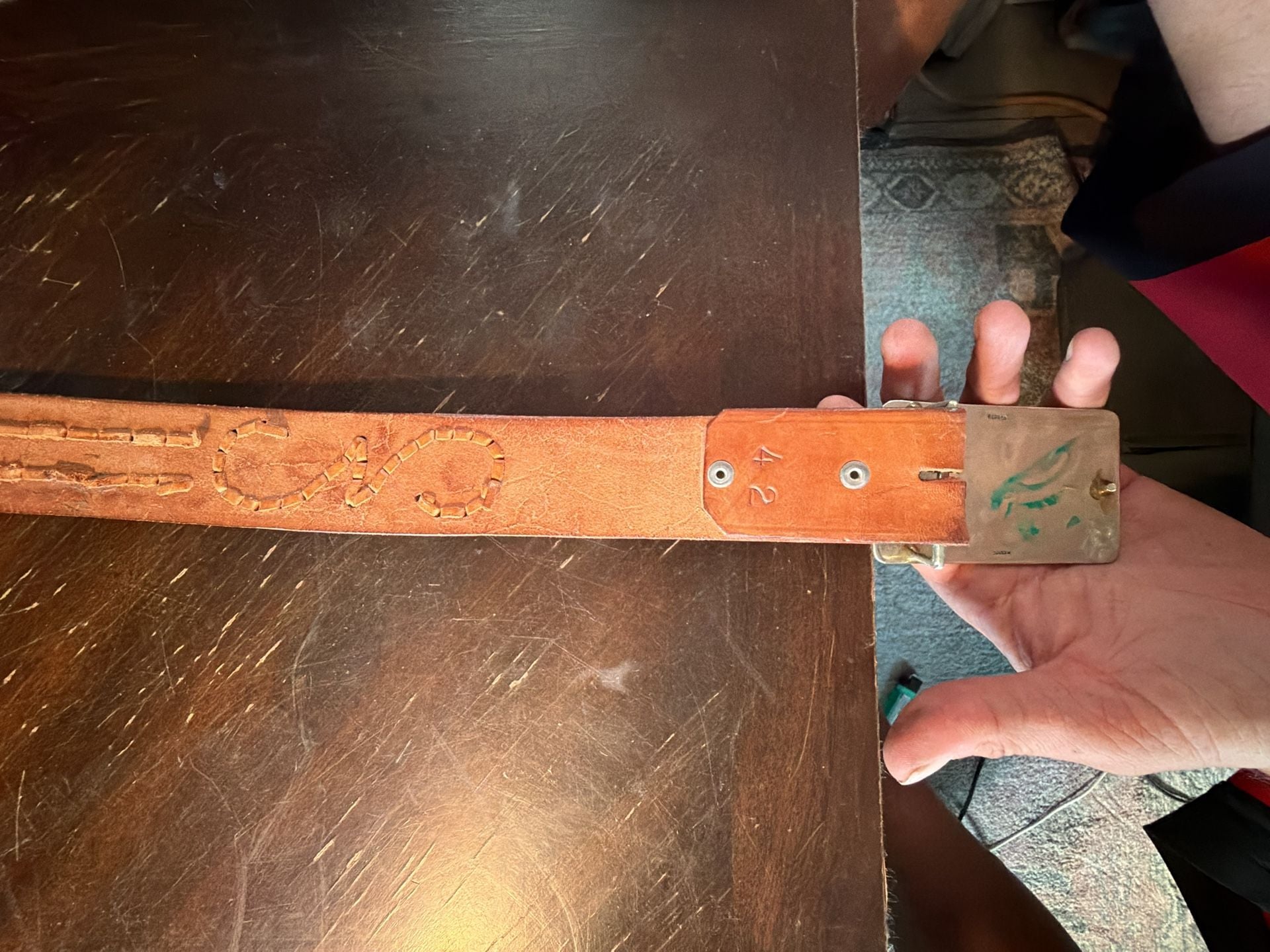 Western Tooled Leather Belt With Turquoise Inlaid Buckle 13