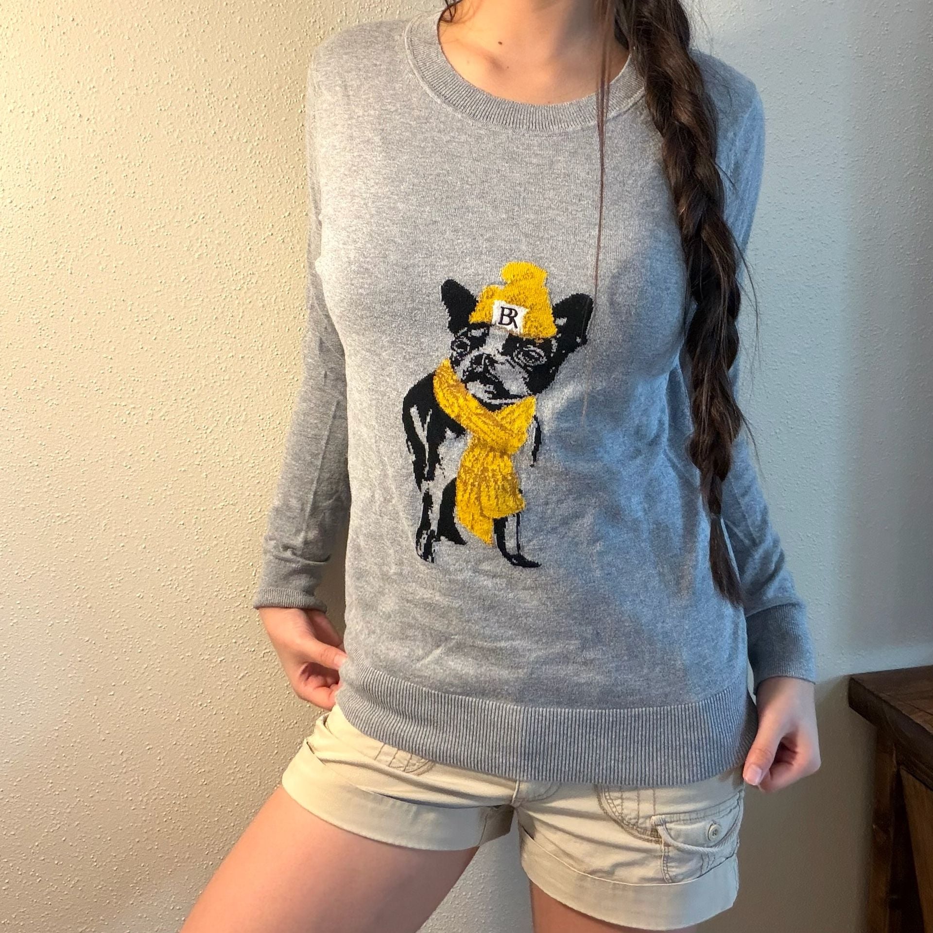 Banana Republic Bulldog Sweater Size XS Gray Frenchie Dog Graphic Pullover 2