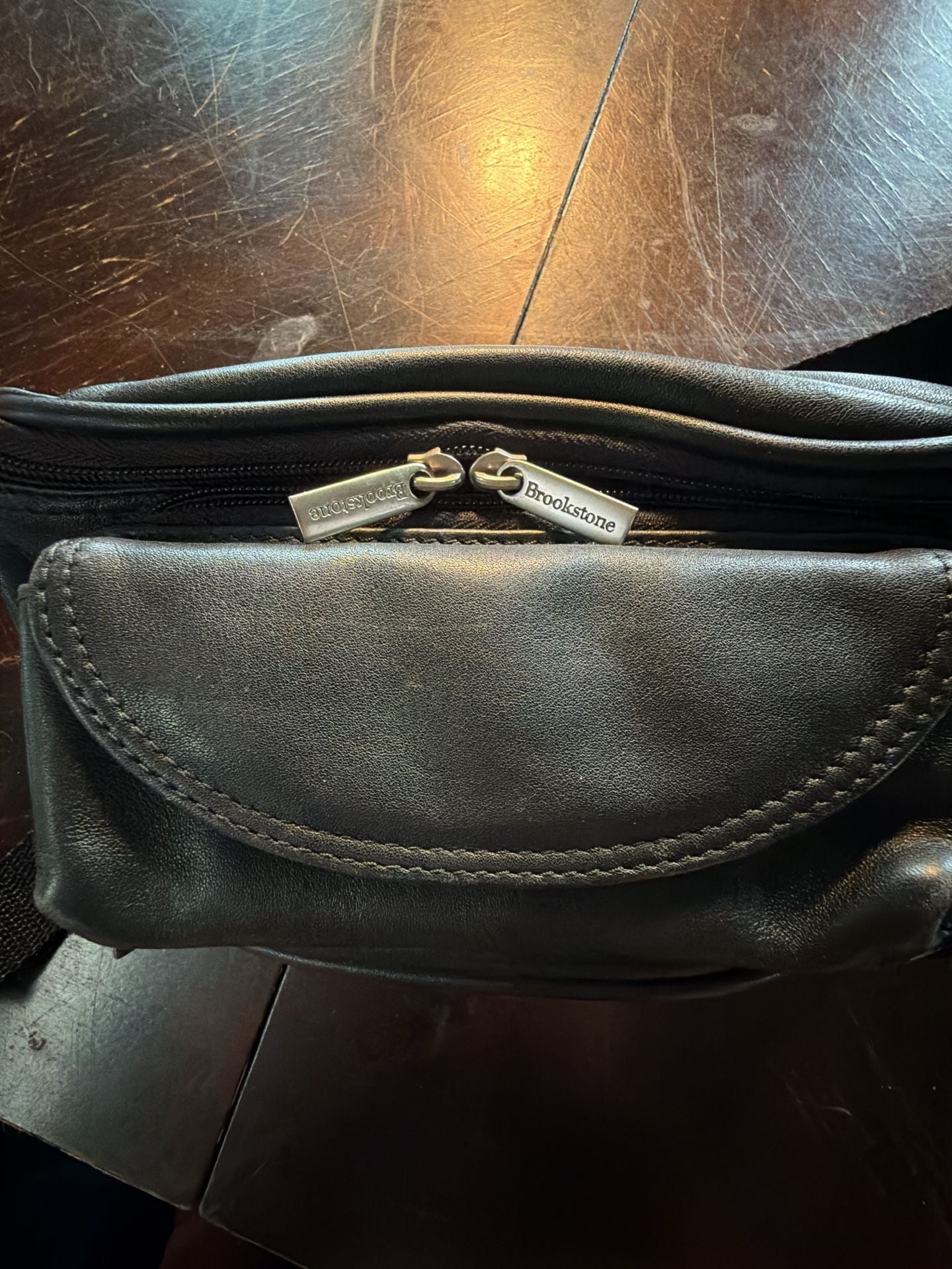 Brookstone Black Leather Fanny Pack Waist Bag 3