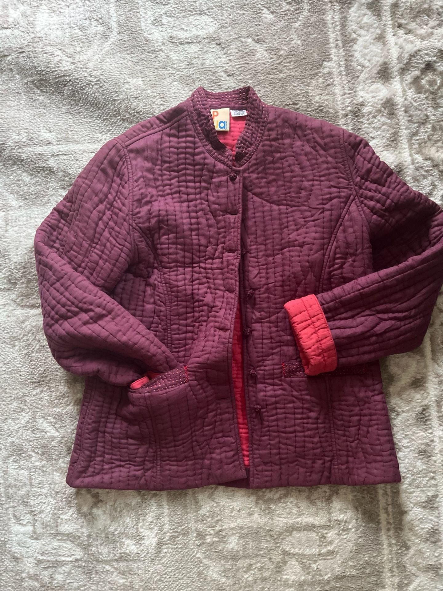 Vintage Pua Quilted Jacket Size L Burgundy Pink Reversible Button Up Coat 2