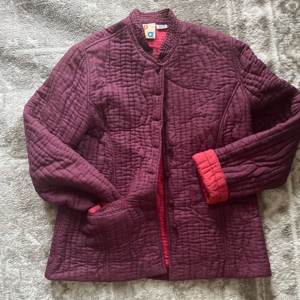 Vintage Pua Quilted Jacket Size L Burgundy Pink Reversible Button Up Coat