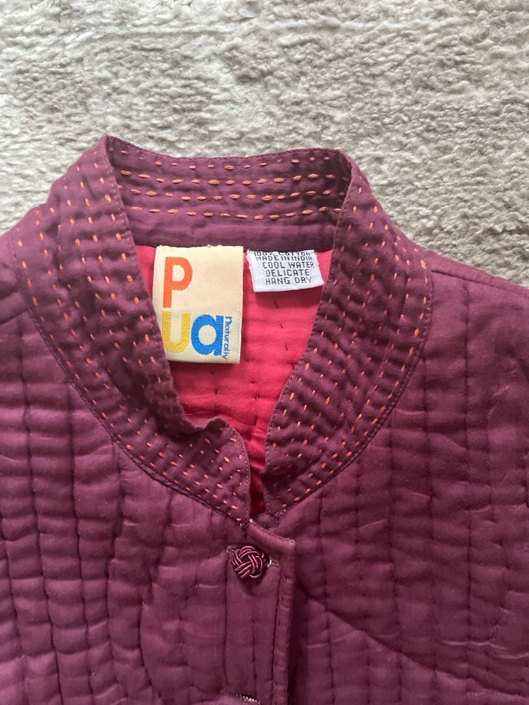 Vintage Pua Quilted Jacket Size L Burgundy Pink Reversible Button Up Coat 3