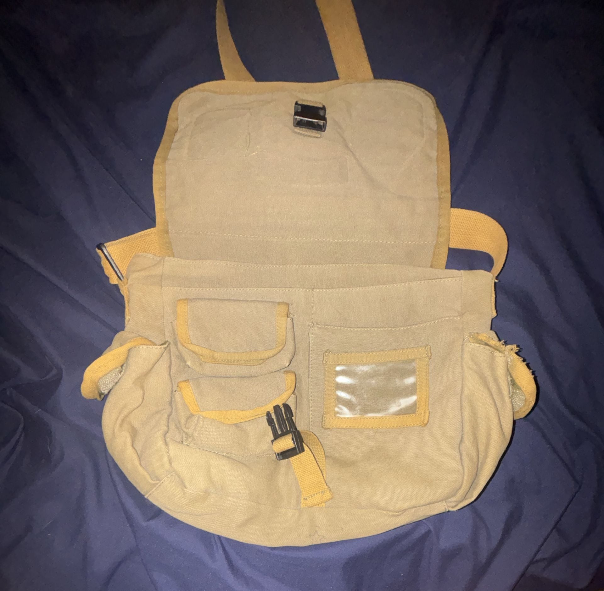 Military Style Canvas Messenger Bag Khaki With Patches 10