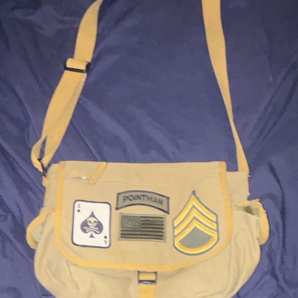 Military Style Canvas Messenger Bag Khaki With Patches