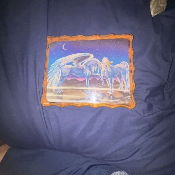 Sue Dawe Vintage 1981 Unicorn Pegasus Wooden Wall Art Plaque