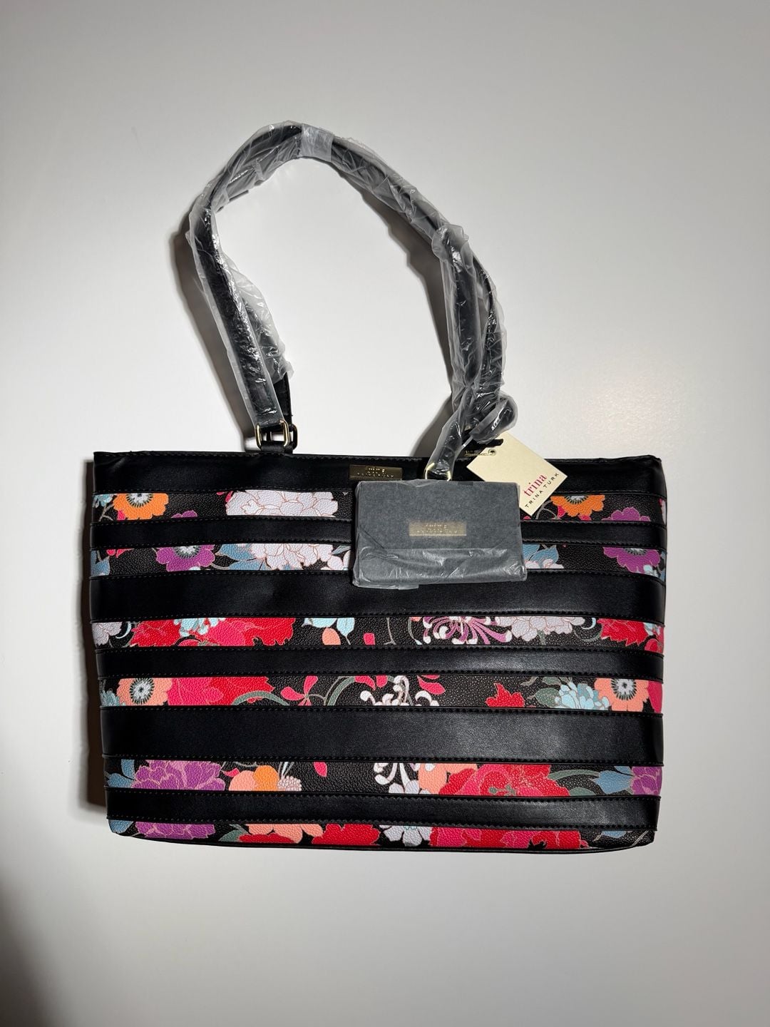 Trina Turk Floral Stripe Tote Bag Black Multi New with Tags 2