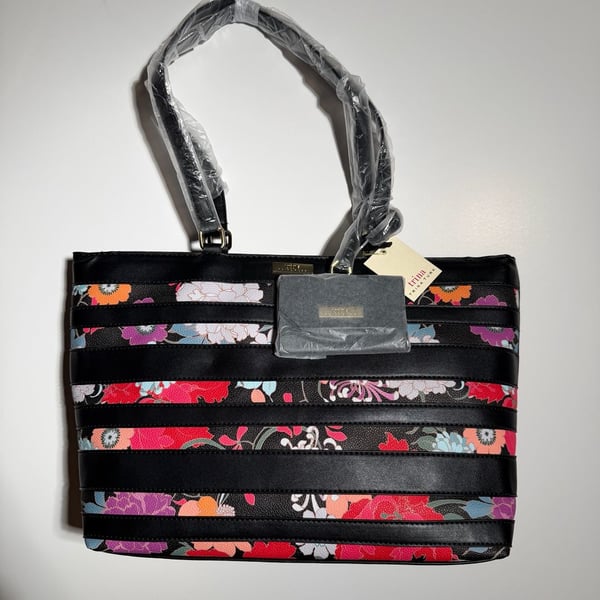 Trina Turk Floral Stripe Tote Bag Black Multi New with Tags