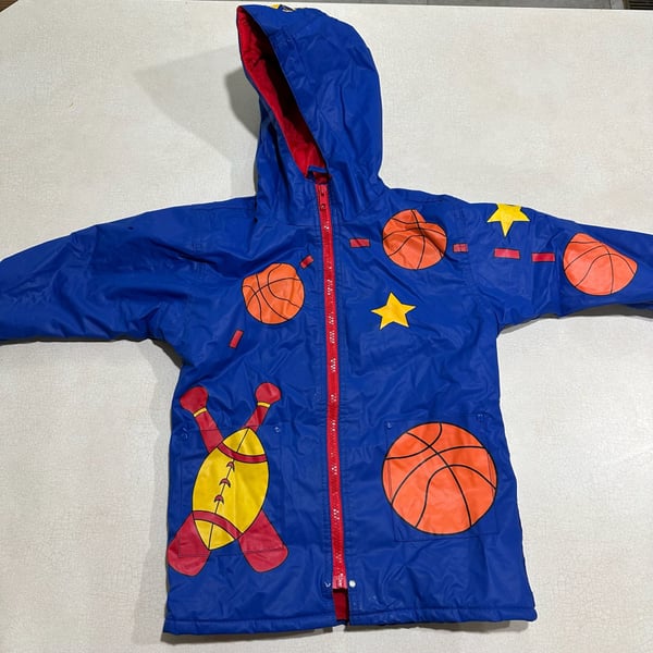 Wippette Kids Sports Print Hooded Rain Jacket Size 3T Blue Red
