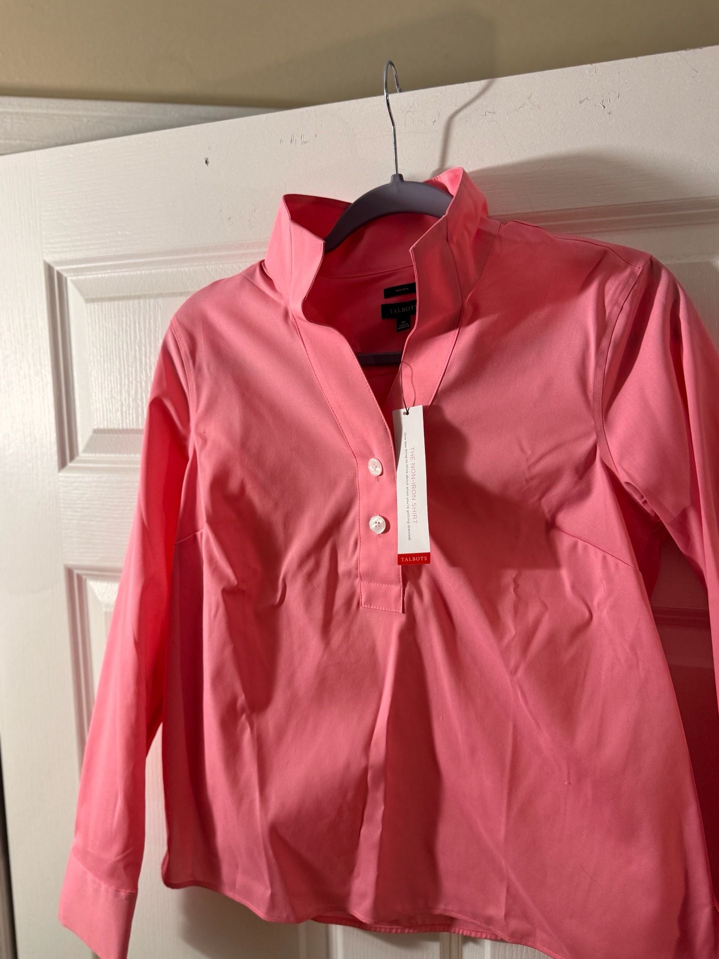 Talbots Non-Iron Popover Shirt Size XS Pink Cotton Long Sleeve Blouse NWT 2