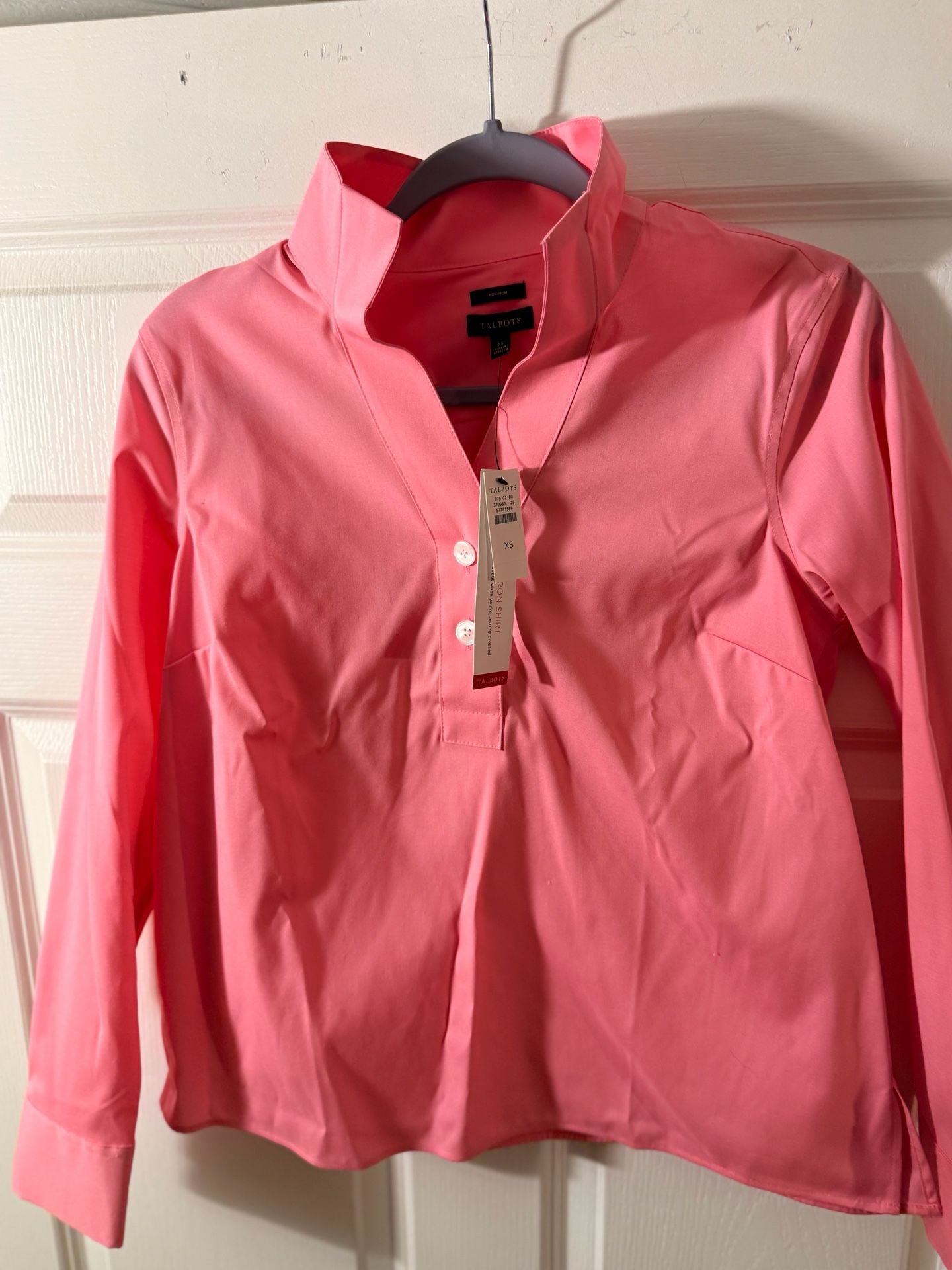 Talbots Non-Iron Popover Shirt Size XS Pink Cotton Long Sleeve Blouse NWT 5