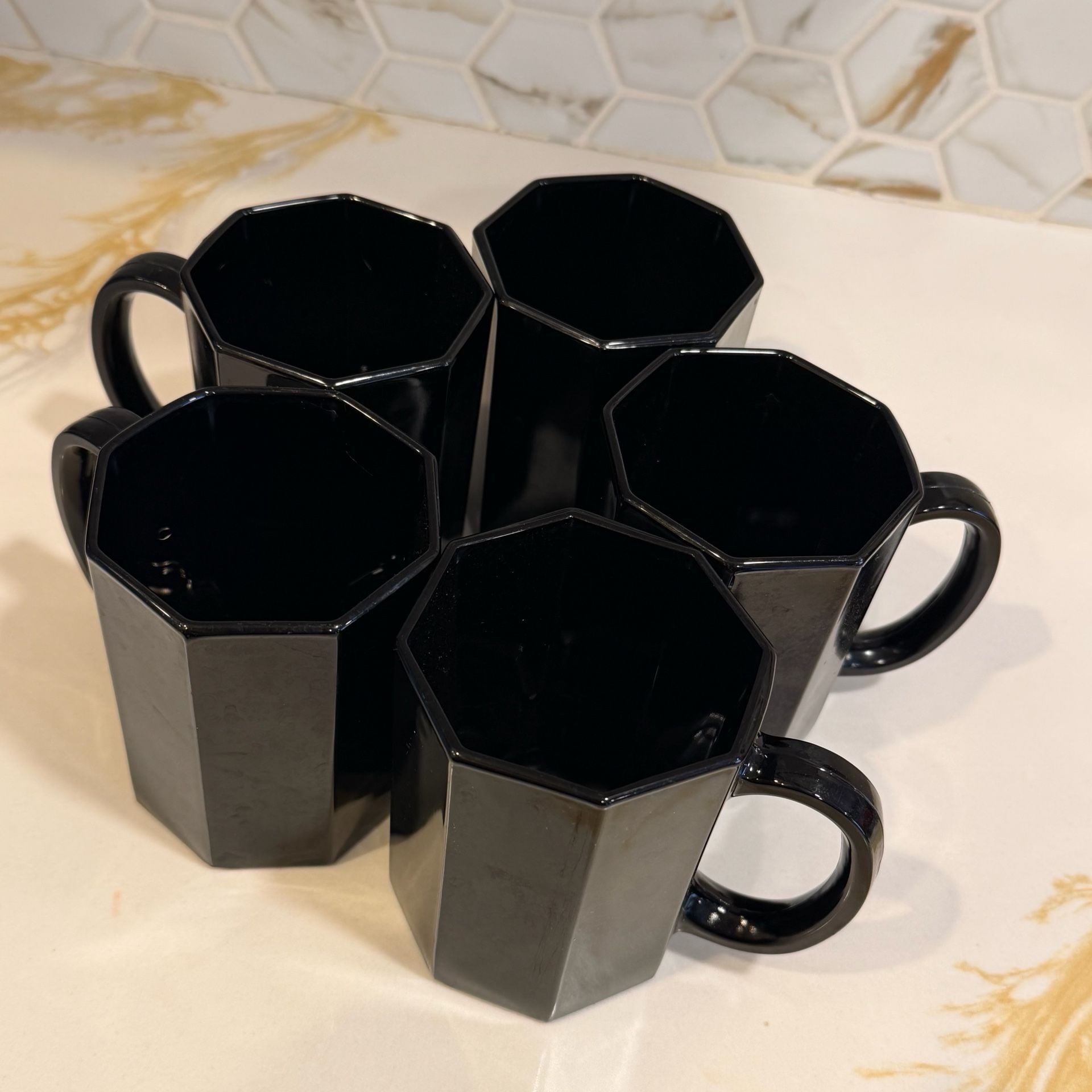 France Arcoroc Octime Black Octagon Coffee Mugs Set of 5 Vintage Glass 1